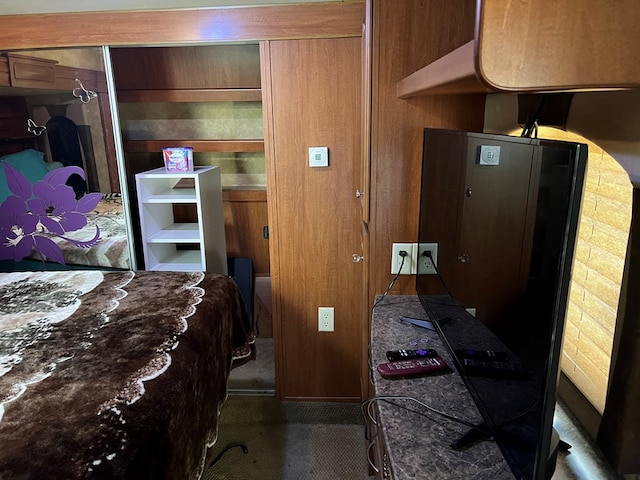 bedroom with wooden walls