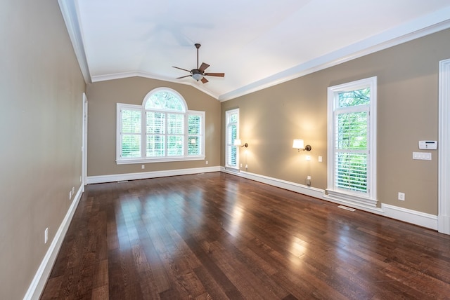 unfurnished room with dark hardwood / wood-style floors, a wealth of natural light, and lofted ceiling