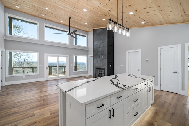 538 Mountain Laurel Rdg, Mineral Bluff, GA 30559 - kitchen with wooden ceiling, open floor plan, ceiling fan, a high ceiling, and recessed lighting