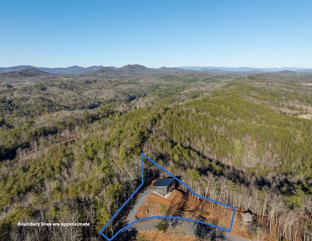 538 Mountain Laurel Rdg, Mineral Bluff, GA 30559 - aerial view of property's location featuring property boundaries highlighted, a forest, and a mountainous background