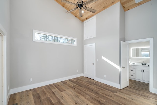 538 Mountain Laurel Rdg, Mineral Bluff, GA 30559 - spare room featuring high vaulted ceiling, wood finished floors, baseboards, a ceiling fan, and wood ceiling
