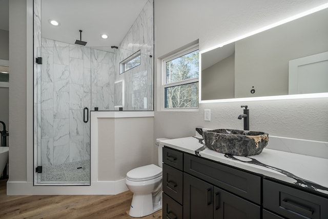 538 Mountain Laurel Rdg, Mineral Bluff, GA 30559 - full bath with a stall shower, wood finished floors, toilet, vanity, and recessed lighting
