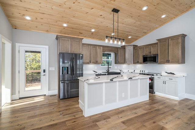 538 Mountain Laurel Rdg, Mineral Bluff, GA 30559 - kitchen with appliances with stainless steel finishes, wood ceiling, lofted ceiling, recessed lighting, and wood finished floors