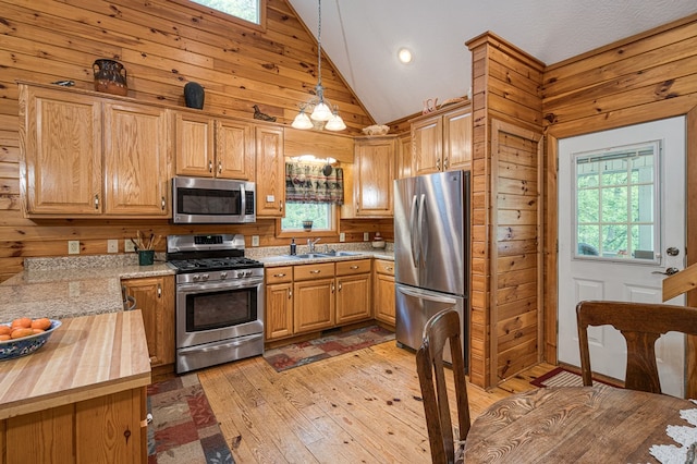 45 8 Point Trl, Blairsville, GA 30512 - kitchen with wood counters, a sink, light wood finished floors, vaulted ceiling, and stainless steel appliances