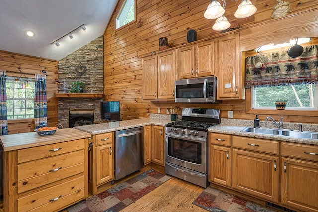 45 8 Point Trl, Blairsville, GA 30512 - kitchen with a sink, appliances with stainless steel finishes, wood walls, and a healthy amount of sunlight