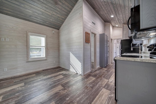 kitchen with black appliances, wood ceiling, wooden walls, and dark wood-type flooring