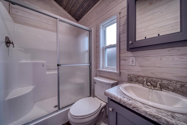 bathroom with wood ceiling, wooden walls, walk in shower, vanity, and toilet