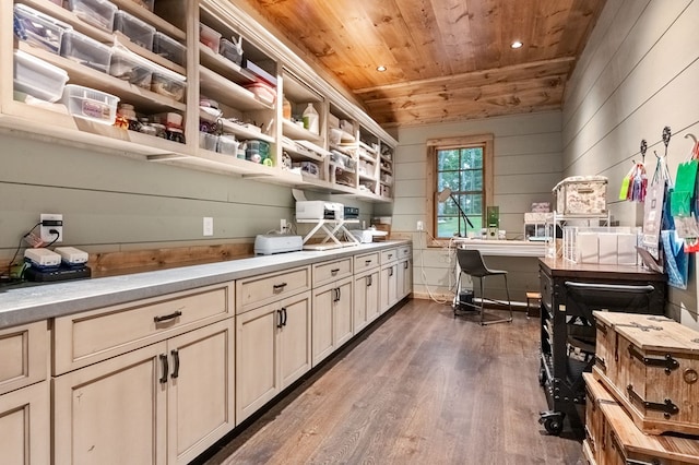 kitchen with wood walls, dark hardwood / wood-style flooring, wooden ceiling, and vaulted ceiling