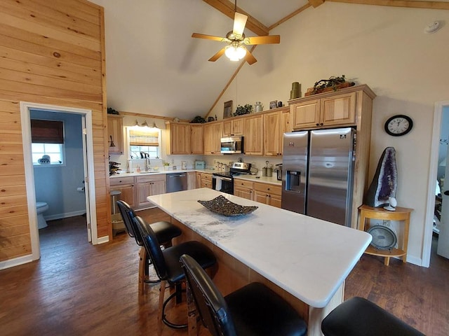 kitchen with appliances with stainless steel finishes, dark wood-style flooring, a sink, and light countertops