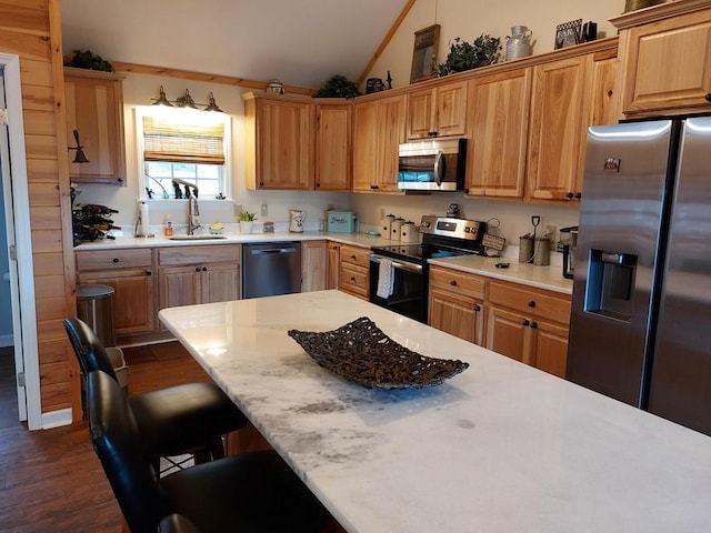 kitchen featuring lofted ceiling, stainless steel appliances, light countertops, a kitchen bar, and a sink