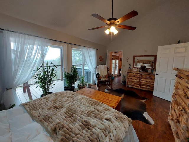 bedroom featuring high vaulted ceiling, access to exterior, a ceiling fan, and wood finished floors