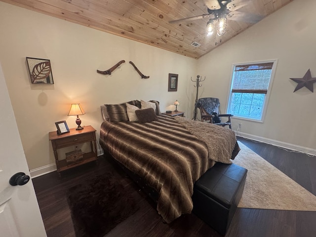 bedroom featuring lofted ceiling, dark wood-style flooring, wooden ceiling, and baseboards