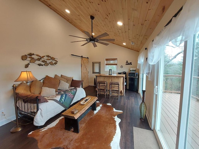 living room with a barn door, recessed lighting, a ceiling fan, wood ceiling, and dark wood-style floors