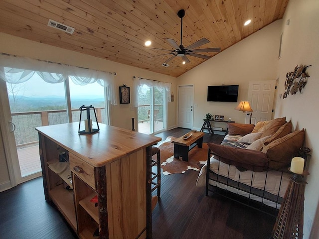 living room featuring recessed lighting, visible vents, dark wood-type flooring, high vaulted ceiling, and wooden ceiling