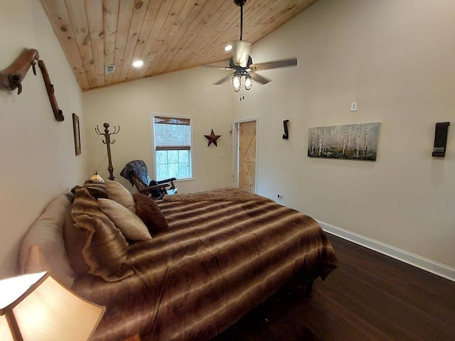 bedroom with lofted ceiling, dark wood-style floors, wood ceiling, and baseboards