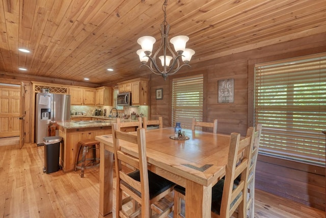 602 Mill Ridge Rd, Hiawassee, GA 30546 - dining area featuring a chandelier, wooden ceiling, light wood-type flooring, recessed lighting, and wood walls