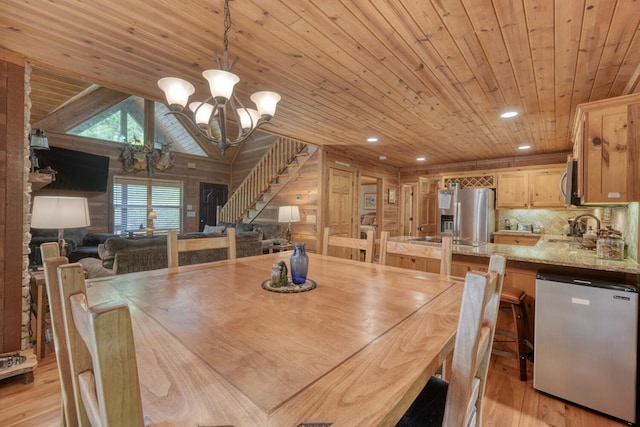 602 Mill Ridge Rd, Hiawassee, GA 30546 - dining room featuring wooden ceiling, a chandelier, light wood-style flooring, stairs, and recessed lighting