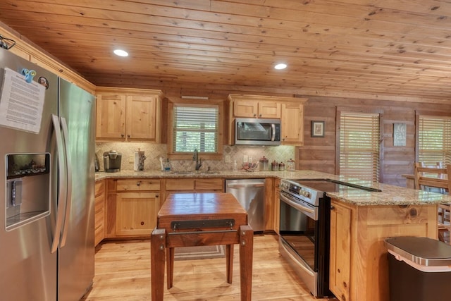 602 Mill Ridge Rd, Hiawassee, GA 30546 - kitchen with appliances with stainless steel finishes, wood ceiling, a sink, a peninsula, and light brown cabinets