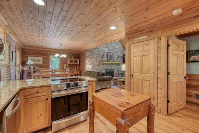 602 Mill Ridge Rd, Hiawassee, GA 30546 - kitchen featuring stainless steel appliances, wooden walls, wooden ceiling, light wood-type flooring, and a chandelier