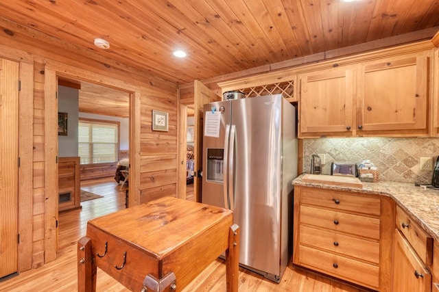 602 Mill Ridge Rd, Hiawassee, GA 30546 - kitchen featuring stainless steel refrigerator with ice dispenser, light wood-style flooring, tasteful backsplash, wood ceiling, and recessed lighting