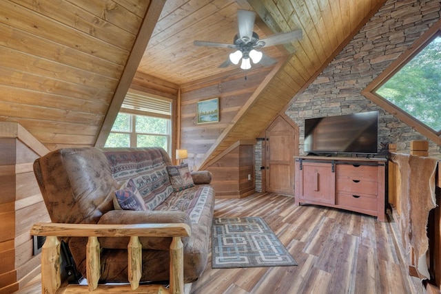 602 Mill Ridge Rd, Hiawassee, GA 30546 - living room with wooden ceiling, lofted ceiling, light wood-type flooring, wood walls, and ceiling fan