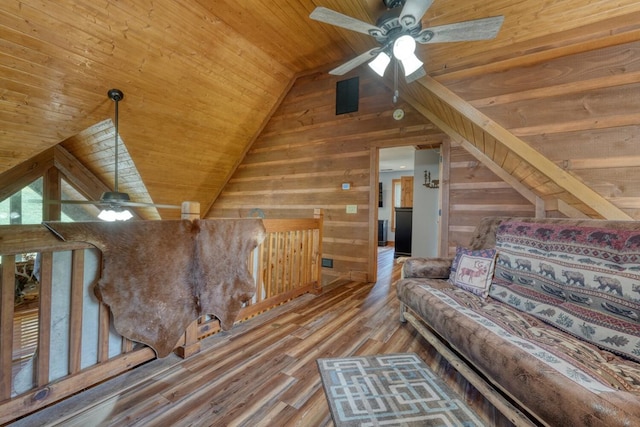 602 Mill Ridge Rd, Hiawassee, GA 30546 - living area featuring wooden walls, wooden ceiling, ceiling fan, vaulted ceiling, and wood finished floors