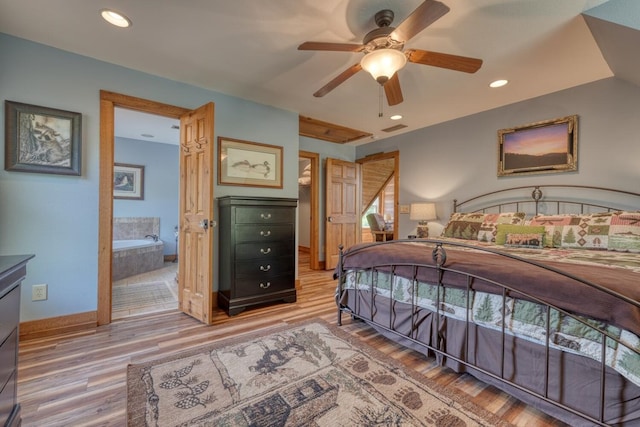 602 Mill Ridge Rd, Hiawassee, GA 30546 - bedroom featuring light wood finished floors, recessed lighting, ceiling fan, baseboards, and ensuite bathroom