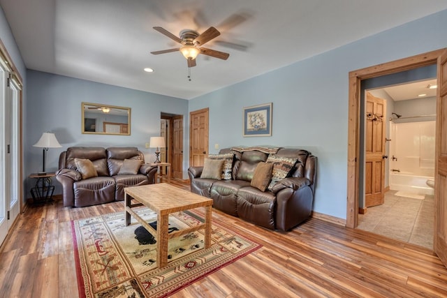 602 Mill Ridge Rd, Hiawassee, GA 30546 - living room featuring ceiling fan, light wood finished floors, recessed lighting, and baseboards