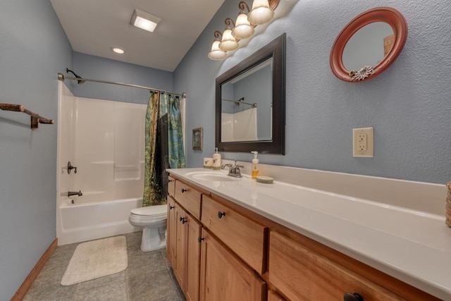 602 Mill Ridge Rd, Hiawassee, GA 30546 - bathroom with toilet, shower / tub combo with curtain, vanity, baseboards, and tile patterned floors
