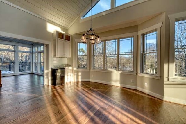 interior space with an inviting chandelier, dark hardwood / wood-style floors, vaulted ceiling, and wooden ceiling