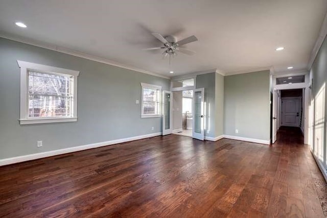 unfurnished room featuring crown molding, dark wood-type flooring, and ceiling fan