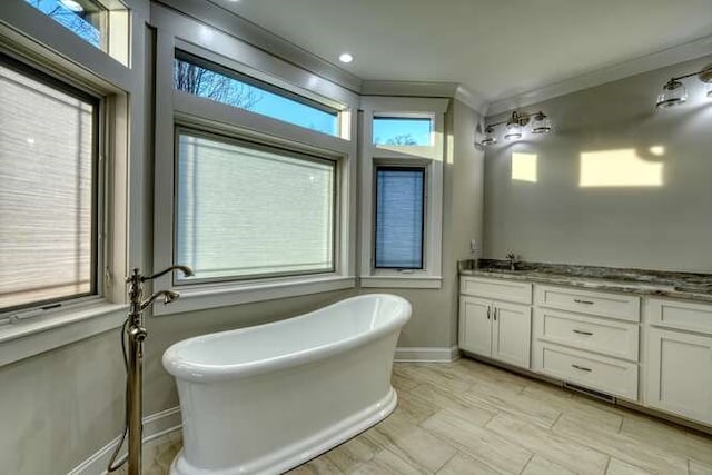 bathroom with crown molding, vanity, and a washtub