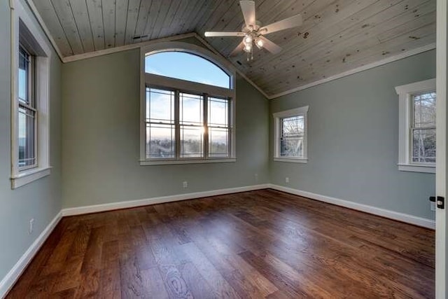 spare room featuring ceiling fan, dark hardwood / wood-style floors, vaulted ceiling, and wooden ceiling