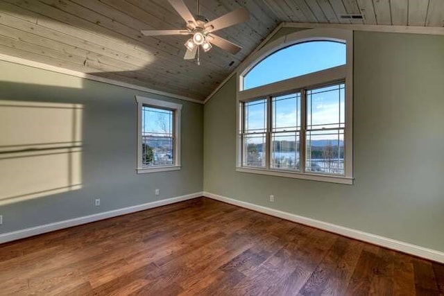 unfurnished room featuring hardwood / wood-style flooring, vaulted ceiling, and wood ceiling