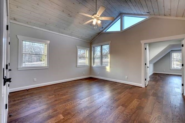 interior space featuring dark hardwood / wood-style flooring, lofted ceiling, ceiling fan, and wood ceiling