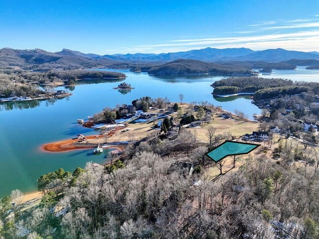 drone / aerial view featuring a water and mountain view