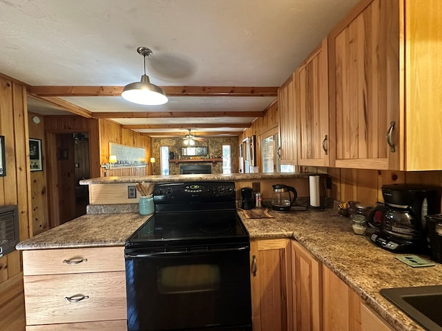kitchen with black electric range oven, open floor plan, a peninsula, wood walls, and beam ceiling