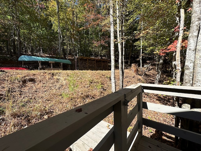 view of yard featuring a forest view