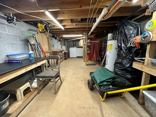 unfinished below grade area with water heater and washer and dryer
