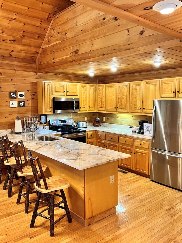 kitchen with stainless steel appliances, sink, wooden ceiling, and kitchen peninsula