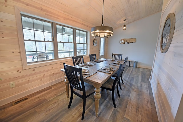 dining area with visible vents, vaulted ceiling, wooden walls, and wood finished floors