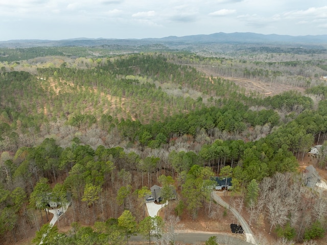 birds eye view of property featuring a mountain view and a wooded view