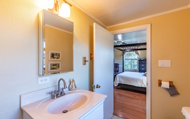 bathroom featuring crown molding, vanity, and hardwood / wood-style flooring