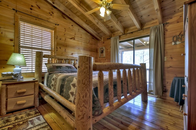 bedroom featuring lofted ceiling with beams, wood walls, wooden ceiling, and hardwood / wood-style flooring