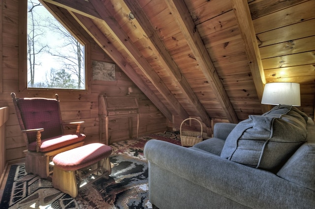 sitting room featuring lofted ceiling with beams, wooden walls, and wood ceiling