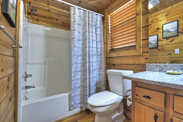 bathroom with wooden walls, wooden ceiling, toilet, and shower / bathtub combination with curtain