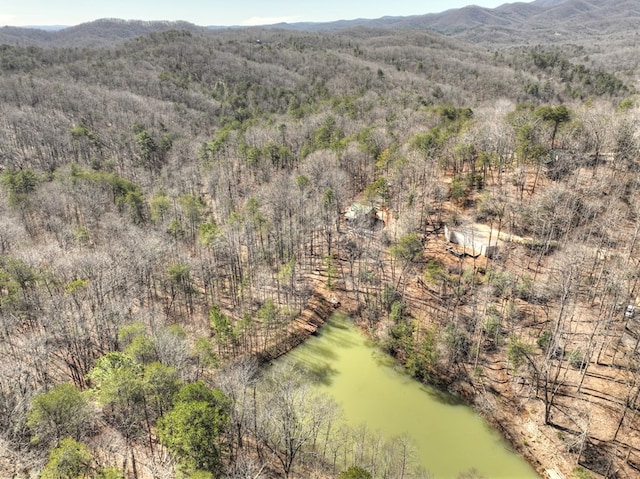 birds eye view of property with a wooded view and a mountain view