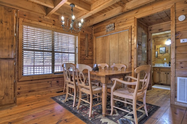 dining area with an inviting chandelier, hardwood / wood-style flooring, visible vents, and wood walls