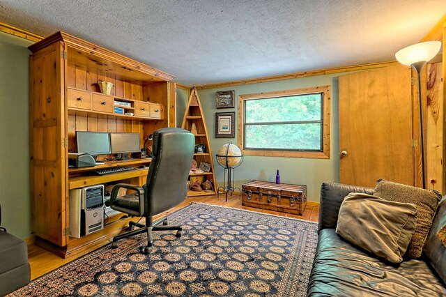 office space featuring light hardwood / wood-style flooring and a textured ceiling