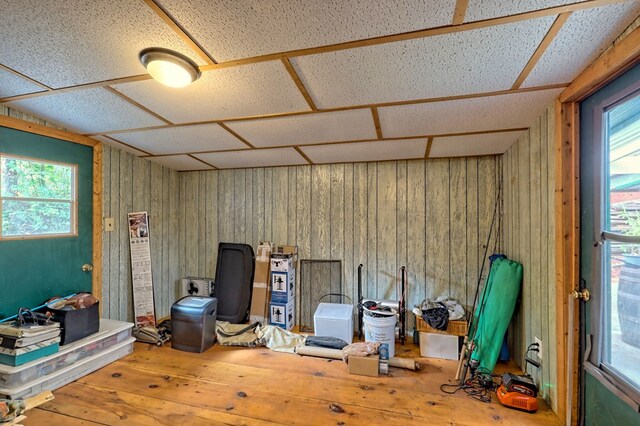 misc room with wooden walls, plenty of natural light, and hardwood / wood-style floors